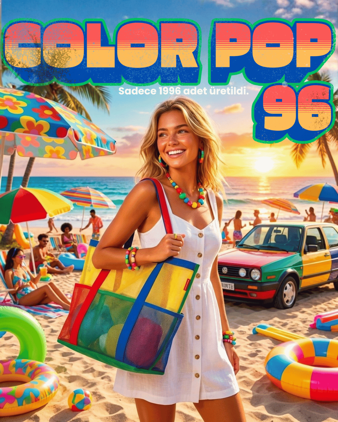 Baghashtag Color Pop 96 Limited Edition: 6 Cepli Çok Renkli File Plaj Çantası - Görsel 2