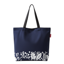 Beyaz Bitkiler Baskılı Lacivert Bez Çanta